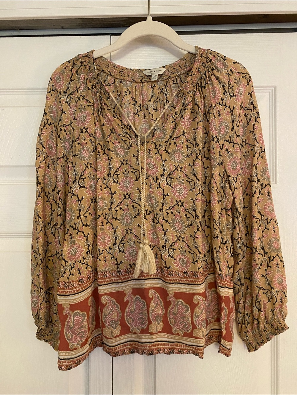 Lucky Brand Tan and Pink Boho Paisley Tunic with Tassel
